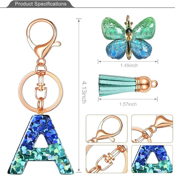 🆕 Women Blue Initial letter Keychains Tassel Butterfly Cute Car Wallet Backpack - Picture 2 of 6